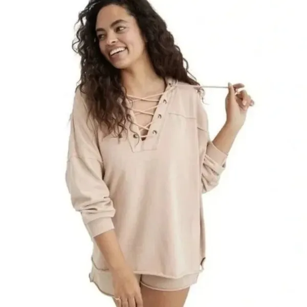 Aerie Beige Lace Up Cotton Beach Oversized Loungewear Boho Hoodie M - Image 2