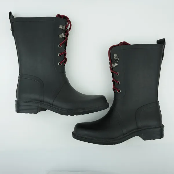Merona Rain Boots Womens 6 Black Rubber Waterproof Lace Up Red‎ Laces Utility - Image 5