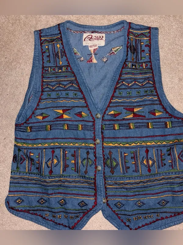 Vtg Asapo Western 100% Cotton Floral Tribal Embroidered‎ Denim Button Up Vest, M - Image 4