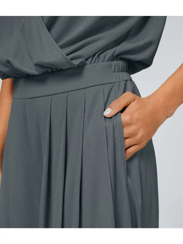 Halara V Neck Short Sleeve Pockets Wide Leg Flowy Waffle Jumpsuit Gray L Tall - Image 3