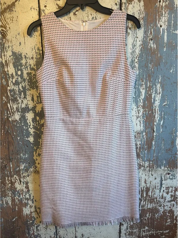 Ann Taylor Loft Sleeveless pink black tweed dress fringe hem, size 2P Petite - Image 2