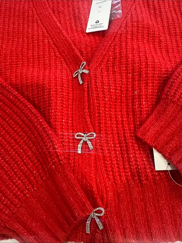 Pink Rose red knit oversized cropped sweater with jewel bow buttons size L NWT - Image 3