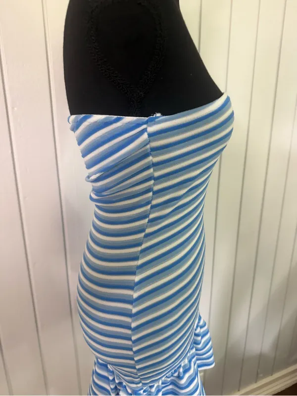 Muse Blue and White Striped Strapless Dress - Image 2