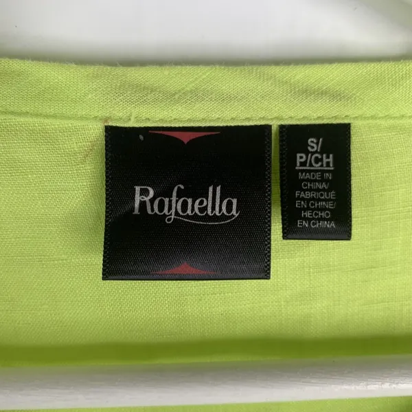 Rafaella Size S Linen Tunic Top Shirt Roll Tab Sleeve Neon Green Button Front - Image 3