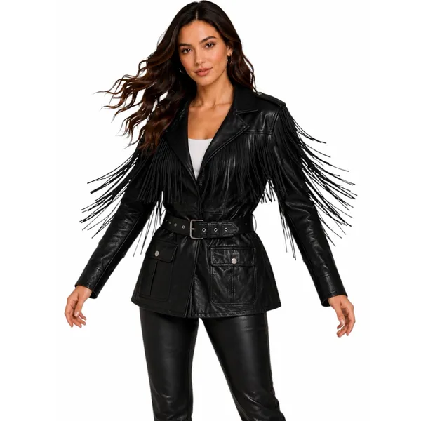 Walter Baker Linda Fringe Belted Lamb Leather Jacket Black Size S - Image 2