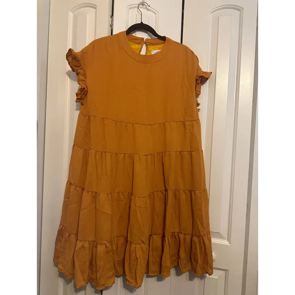 Yellow Tiered Ruffle Sleeve Dress Women's Babydoll Casual Sun Dress NWT Large‎ - Image 3