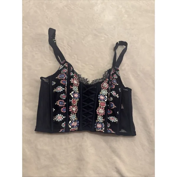 Victoria's Secret Bra Size XS/XP Bejeweled floral embroidered coquette whimsy goth - Image 3