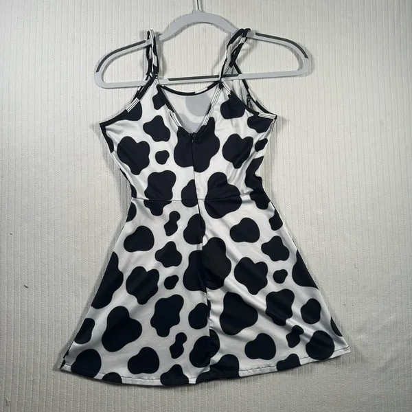 Women’s XS Black White Cow Print Mini Dress Spaghetti Strap Skater Casual - Image 9
