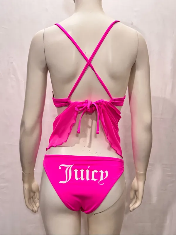 Juicy Couture Hot Pink Underwire Bikini Set with Mesh Sarong Coverup Size XS - Image 3