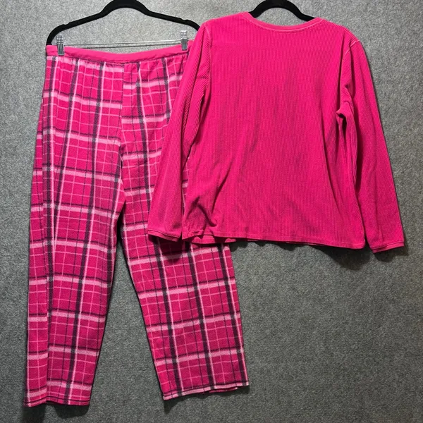 ZENista Pink Plaid Fleece Pajama Set Waffle Henley Top & Pants‎ L Long Sleeve - Image 11