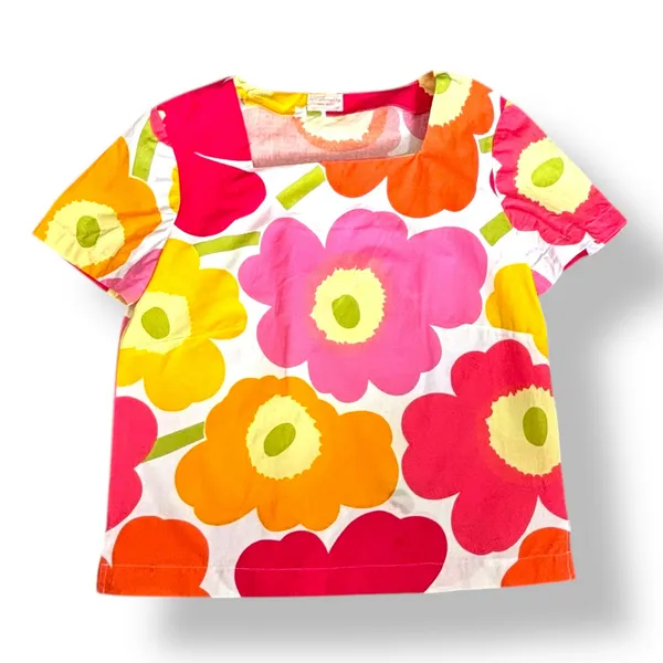 Handmade Vintage‎ Mod Floral Top Pink Orange Flower Power Cotton Blouse Euro Summer Retro - Image 6