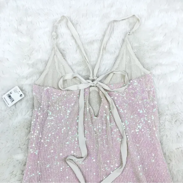 FREE PEOPLE Gold Rush Sequin Mini Dress Iridescent Sheer Cream Size Medium New‎ - Image 12