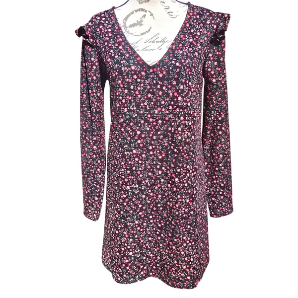 Mango‎ MNG NWT Floral Ruffle Shoulder V-Neck Mini Dress Black Red Size Medium - Image 2