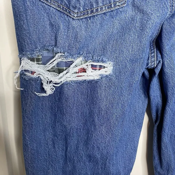 American Eagle Mom Straight Jean Blue Jeans Denim Ripped Plaid Patch Size 16 - Image 5