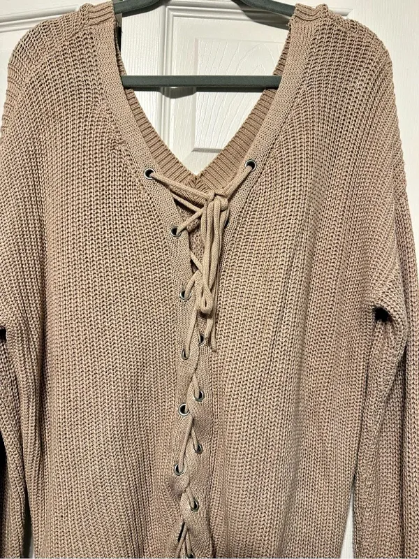 Forever 21 Lace-Up V-Neck Acrylic Sweater in Brown Size Medium - Image 4