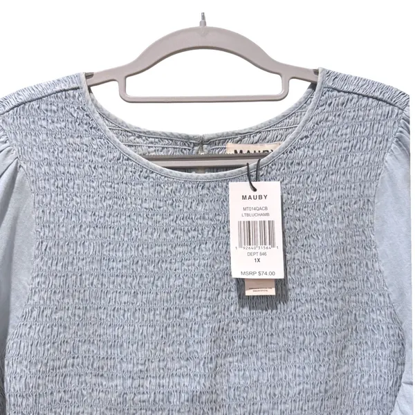 Mauby Womens Smocked Puff‎ Sleeve Blouse Blue Chambray Casual Shirt Top 1X - Image 2