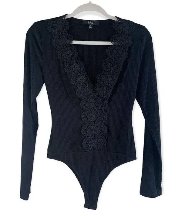 Lulu's Come Back To You Black Lace Long Sleeve Bodysuit S - Image 4