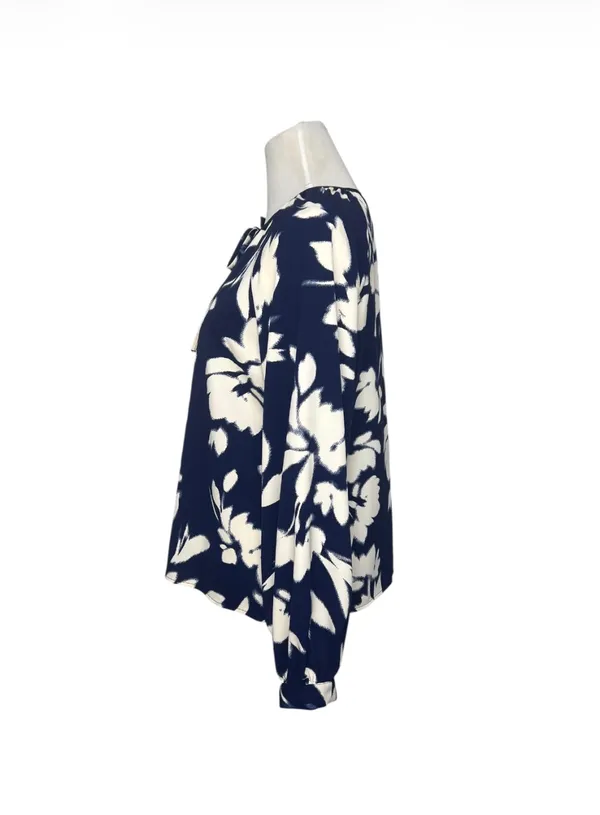 NEW Worthington Floral Long Sleeve Blouse Navy Cream Size Medium - Image 3