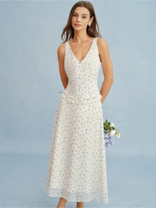Rihoas Beige V Neck Floral Chiffon Tank Top - Image 5