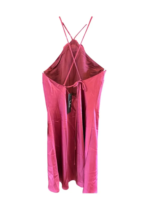 Lulu's Magenta Satin Rosette Halter Dress with Rosette - Image 3