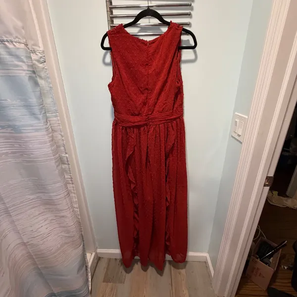 cider Swiss Dot Maxi Dress Dark Red Size 10 Ruffle Formal Wedding Guest Gown - Image 4