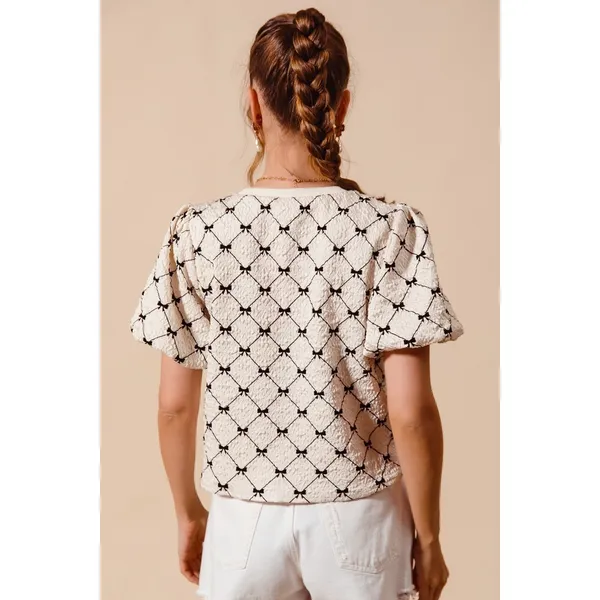 SO ME Bow Texture Woven Bubble‎ Sleeve Top - Ivory - Large - Image 8