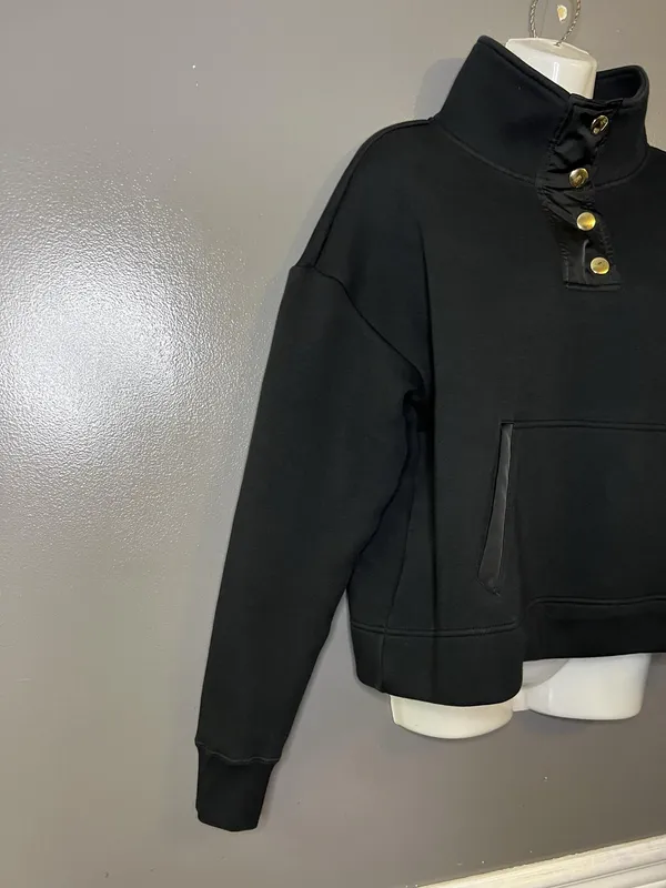 Tuckernuck Sport Sweatshirt Womens Large Black High Neck Button Fleece Pullover - Image 3