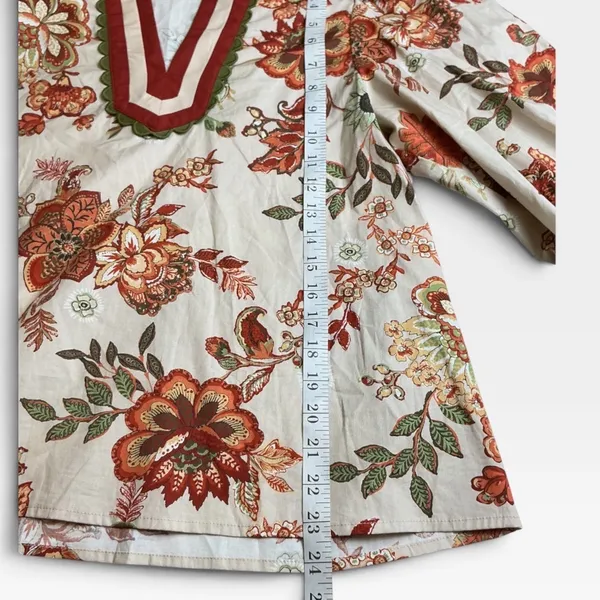 Entro Floral V-Neck Balloon Sleeve Fall Blouse Tan Orange Red Small - Image 5