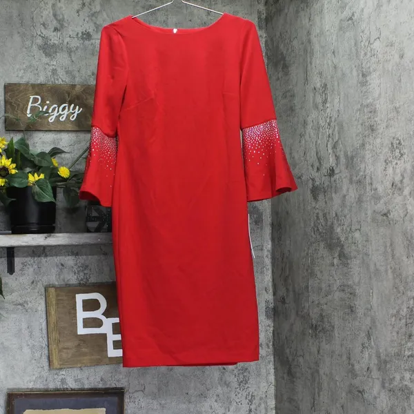 Calvin Klein Womens Embellished Bell Sleeve Back Zip Dress CD4CC3D8 Red 6 - Image 2