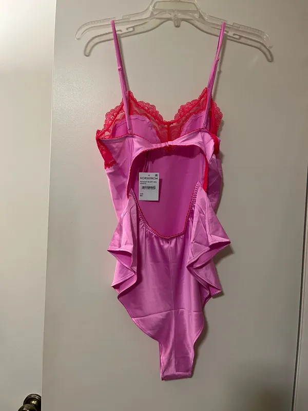 NWT SKIMS Woven Shine Lace Teddy Neon Orchid Pink Red M - Image 5