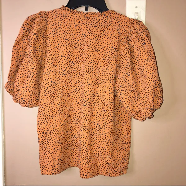 Ann‎ Taylor Factory Linen Dalmatian Polka Dot Puff Sleeve Blouse Rust Orange XS - Image 2