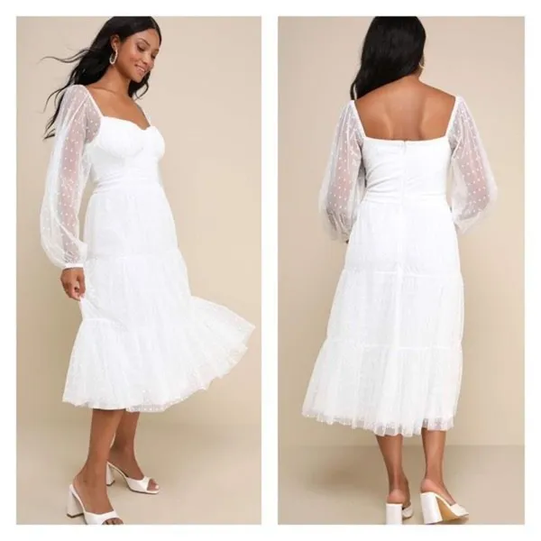 Lulus Affectionate Aura White Swiss Dot Tiered Bustier‎ Midi Dress Medium - Image 2