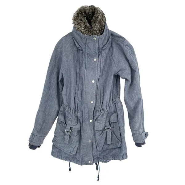 Free People Y2K Blue Herringbone Parka Jacket Size 6 Cotton Vintage Fall - Image 2