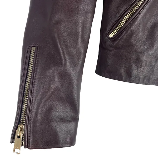 Reiss Leiya Lamb Leather Moto Jacket In Berry Brownish Red Size 4 - Image 7