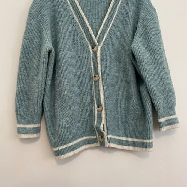 A NEW DAY Button Front Cardigan Light Blue White Varsity Stripe Preppy Sweater M - Image 5