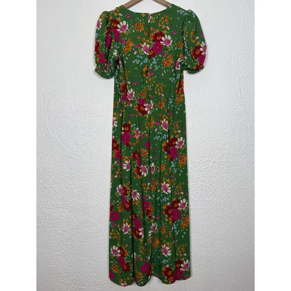 Dress Forum Green Floral Puff Sleeve Midi Dress Sweetheart Slit Size Medium - Image 5