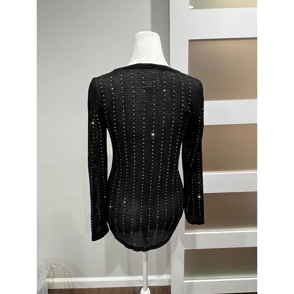 Vocal Womens Black Rhinestone‎ Embellished Mesh Long Sleeve Top Small 13473L - Image 3