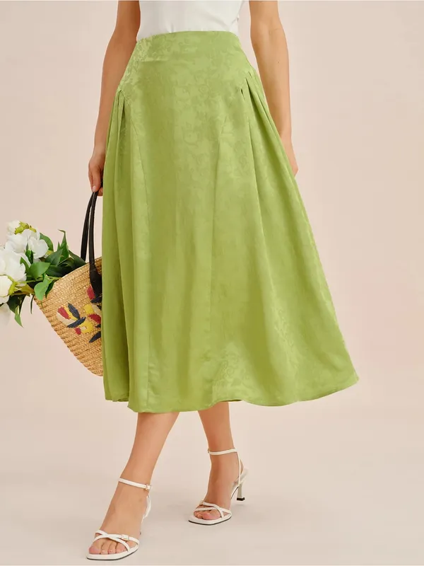 Rihoas Green Jacquard Ruched Satin Midi Skirt - Image 4