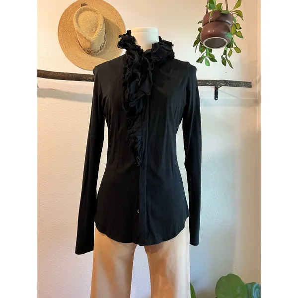 Blue Label 80s Ralph Lauren Black Ruffled Long Sleeve Cotton Blouse Size Medium - Image 14