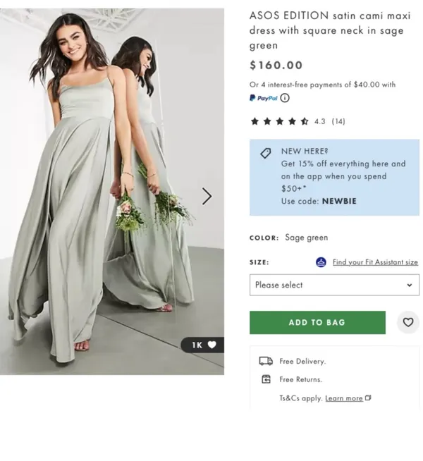 ASOS Sage Green Satin Dress - Image 2