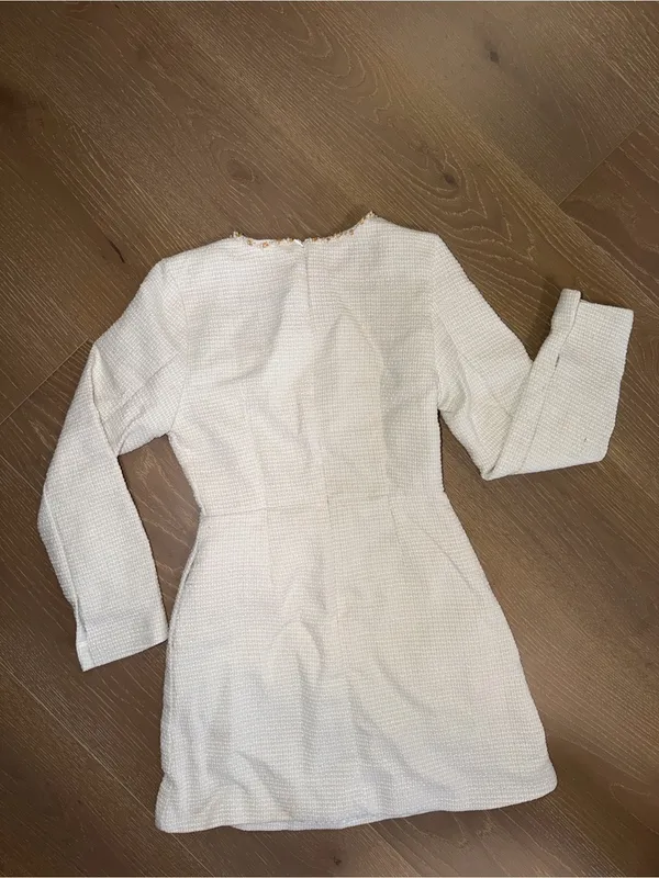 Textured Ivory Long Sleeve Mini Dress with Trim - Image 3