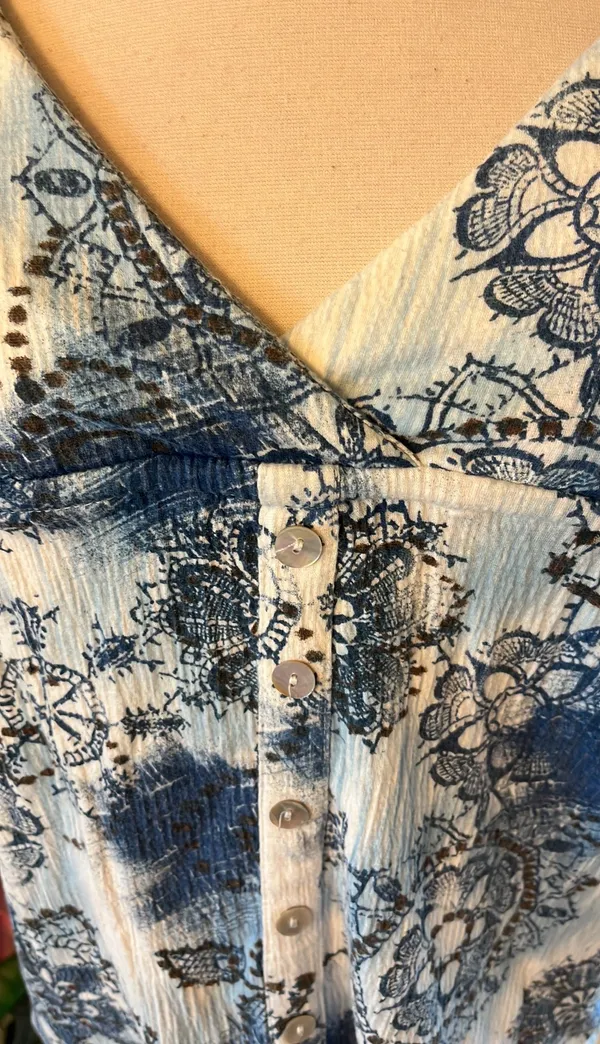 Self Esteem Tank Blue White Print Peplum Shirt Cotton Blend Medium - Image 2