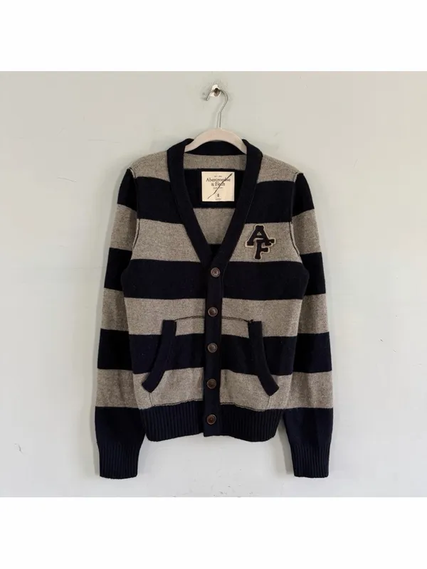 Vintage Abercrombie &‎ Fitch Y2K Rugby Cardigan Striped Blue Gray Wool Sweater - Image 2