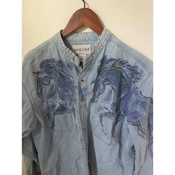 Vintage Denim Shirt Womens M Handpainted Horses Button Down Long Sleeve Merona - Image 2