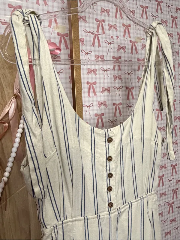 Free People Cream & Navy PinStriped Linen Tie-Shoulder Wide Leg Crop Jumpsuit 2 - Image 2