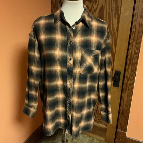 Gilded Intent Plaid Flannel Shirt XS Brown Black Button Down Buckle - Image 11