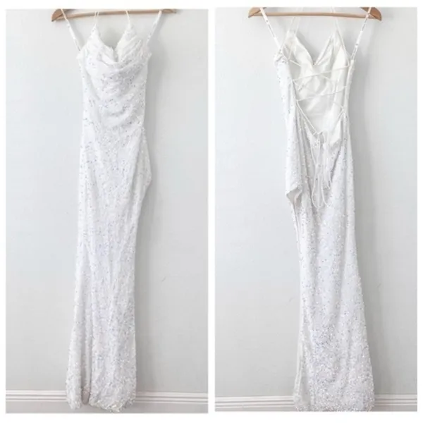 Sophia Thomas White Sequin Open Back Cut Out Prom Bridal Glam Maxi Gown Dress - Image 3