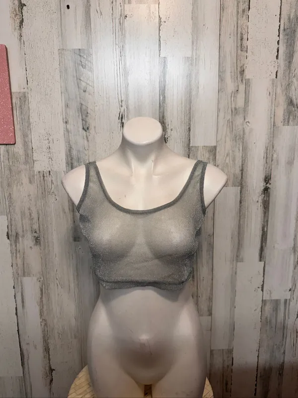 Surfside Resort Crop Top Womens Medium Silver Metallic Sheer Mesh Shimmer Tank - Image 6