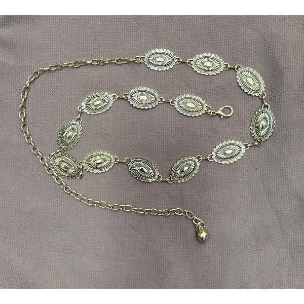 Vintage Gold Oval Concho Waist Chain Belt Adjustable Boho Western Style - Image 2
