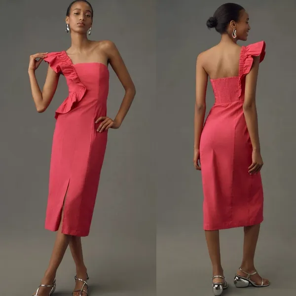 NWT By Anthropologie One-Shoulder Ruffle Linen Column Midi Dress pink‎ sz XL - Image 2
